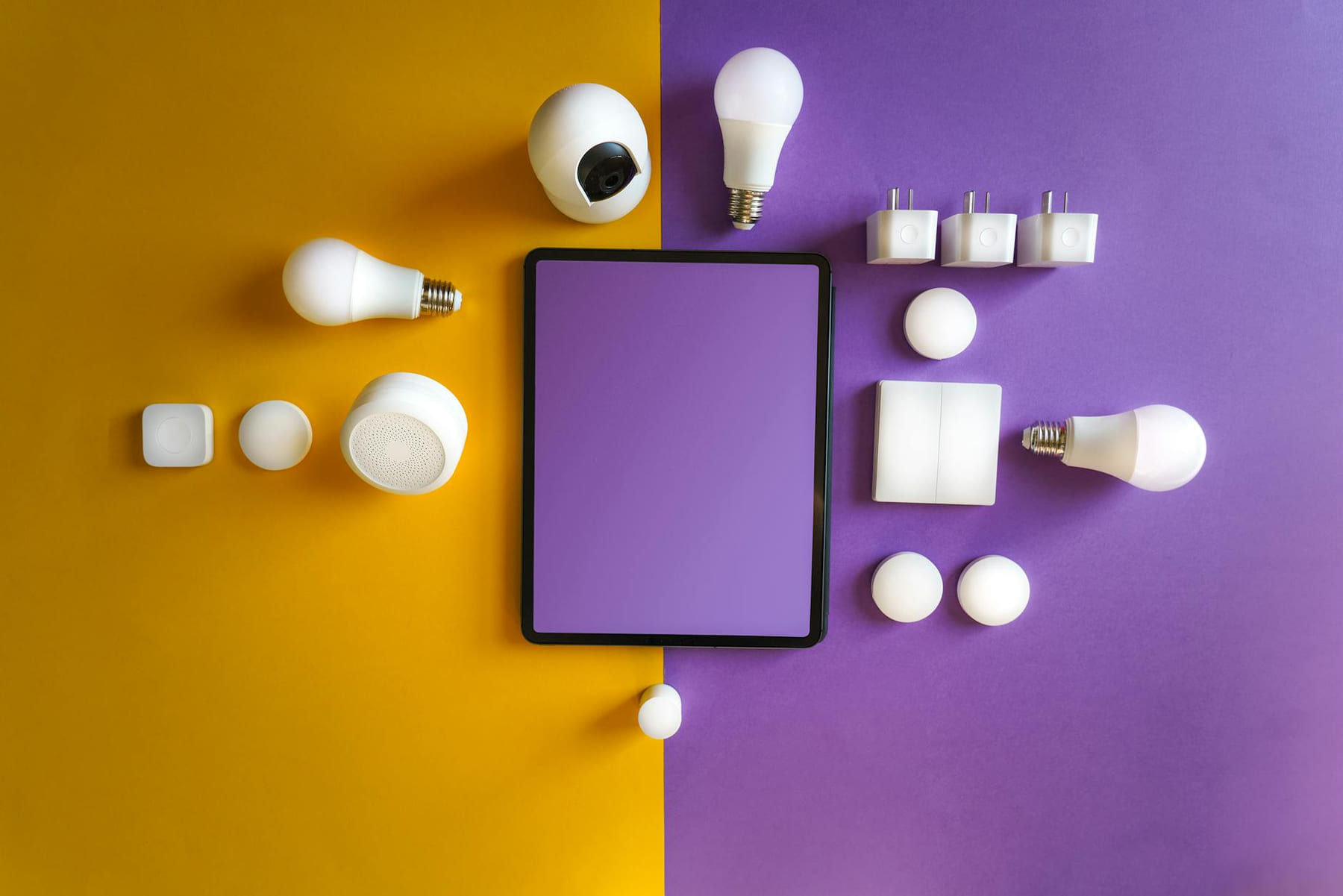 Innovative smart home gadgets arranged in a modern flat lay. on Affordable Smart Living